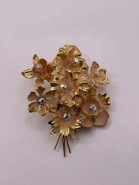 Vintage Austria Floral Brooch Gold Tone AB Rhinestone Enamel Bouquet Pin